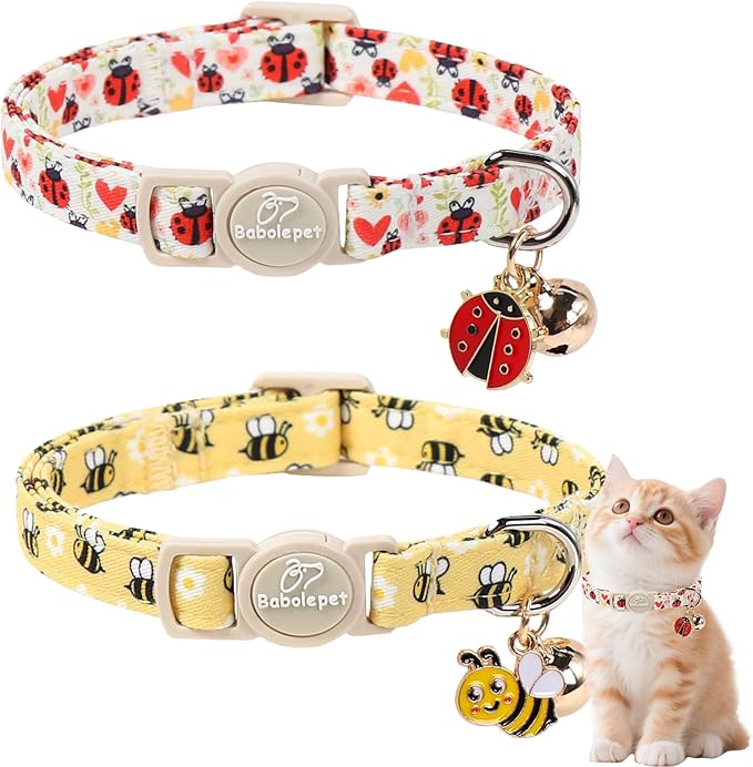 2 Pack Cute Cat Collars - Cartoon Bee Ladybug Breakaway Cat Collar with Bell & Matching Pendant, Adjustable Spring Summer Kitten Collars for Boy Girl Cats