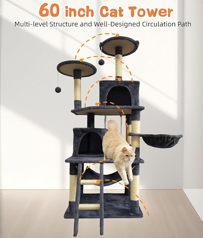 Cat Tree 60.63 inches Cat Tower for Indoor Cats, Multi-Level Cat Condo Furniture with Scratching Posts, Plush Perches, Activity Center with Cozy Basket & Hammock for Cats (Darkgray)
