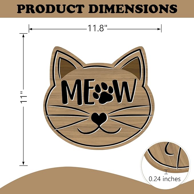 Cute Cat Meow Front Door Sign, Pet Farmhouse Wood Door Hanger Outdoor Outside Porch Decor, Paw Print Rustic Wooden Wreath Indoor Wall Hanging Decoration Cat Lover Owner Gift