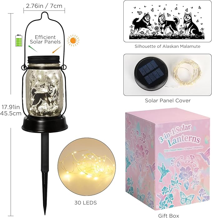 kyoryuger Alaskan Malamute Gifts for Women/Men, Pet Solar Lanterns Alaskan Malamute Dog Lover Lantern Pet Loss Dog Memorial Lights Solar Garden Decoration for Yard,Patio,Torches Lights Home Decor