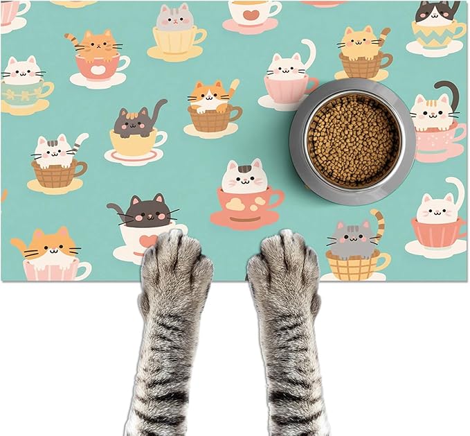 Cat Feeding Mat 24x16 inch Teacup Kitten Print Pet Bowl Placemat Non Slip Floor Mat for Food and Water Indoor Kitty Feeding Station Cute Meal Pad for Small Pets Kitchen Use