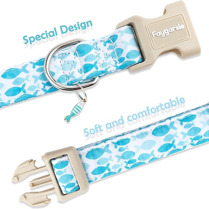 Faygarsle Fish Pattern Dog Collar, Adjustable with Buckle, Blue and White, Summer Design for Small Medium Large Dogs S