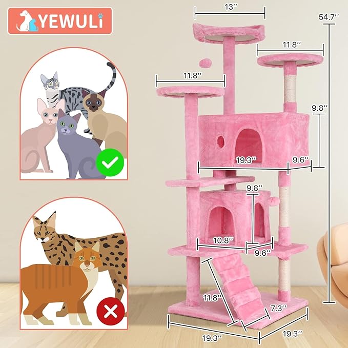 54in Cat Tree Cat Climbing Tower with Scratching Post, Cats House Perch Kitten Tree Condo Wood Playhouse, Pet Trees Tower for Indoor Cats, Pink