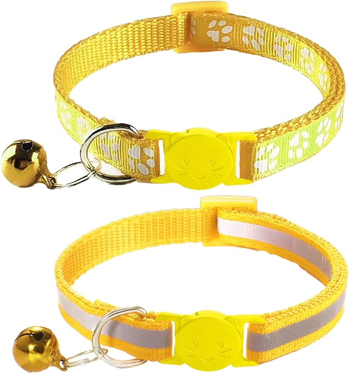 2 Pack Breakaway Cat Collars with Bells, Reflective Design and Claw Print Design, Safety Buckle, Adjustable 7.5-12.5 Inches for Kittens & Cats (Yellow)
