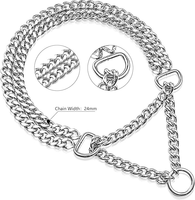 Silver Dog Choker Collar,2 Rows Stainless Steel Dog Chain Cuban Link Metal Martingale Collar Heavy Duty Training Choke Collar for Small Medium Large Big Breed (Silver, S(Neck Max 12inch) D2.0mm)