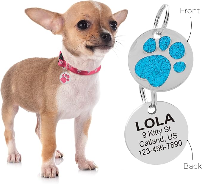 Paw Shape Dog ID Tag Stainless Steel Custom Laser Engraved, Cute Bling Glitter Pet Name Tags Personalized with Durable Engraving (Silver Round Paw)