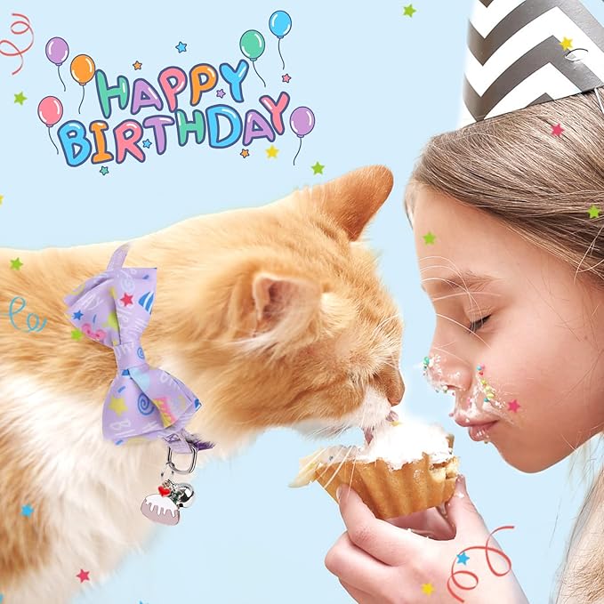 SCENEREAL Cat Bandana Collar for Birthday - 2 Pack Breakaway Kitten Collars with Bell Bowtie, Accessories for Pet, Adjustable Cute Cat Collars for Cats and Small Dogs Boys Girls, Purple