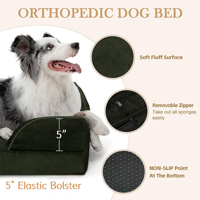 Comfort Expression Orthopedic Dog Bed for Large Dogs 36x27 Inch, Waterproof Egg Crate Foam Large Pet Bed with Removable Bolsters, Dog Couch with Washable Cover & Non-Slip Bottom, Olive Green