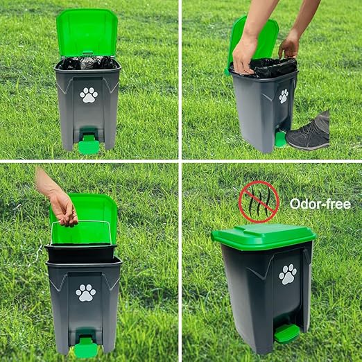 20L Dog Poop Trash Can Outside with Pooper Scooper & 50 Waste Bags- Outdoor Dog Poop Trash Can with Lid, Foot Pedal and Removable Inner Bin Waterproof and Odor Control