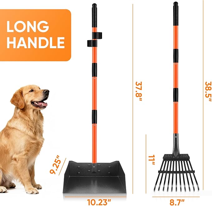 Pooper Scooper, Detachable Long Handle Dog Pooper Scoopers with Heavy Duty Metal Rake and Tray, Durable Pooper Scooper for Large Dogs, Great for Lawn, Grass, Dirt, Gravel, Yard