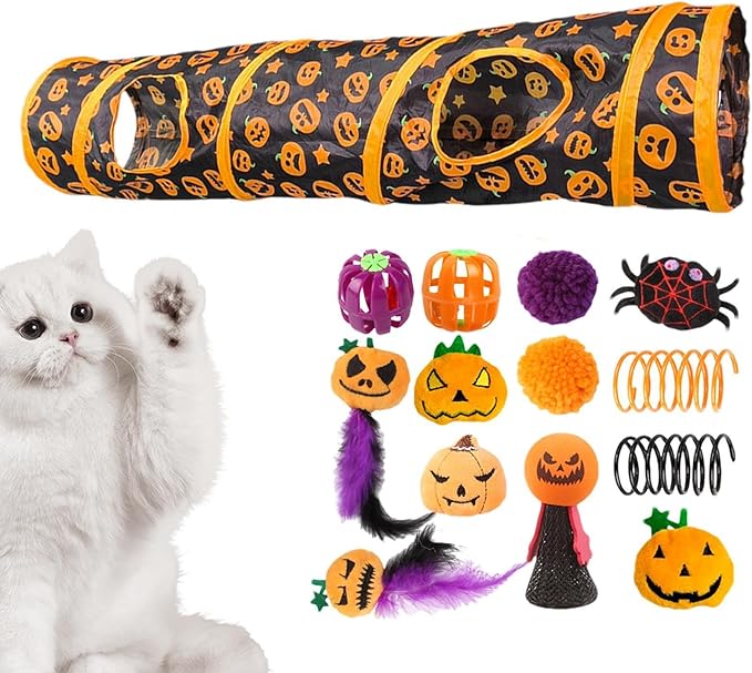 Interactive Cat Play Tunnels - Halloween Peekaboo Cat Cave with Toys, Cats Engaging Activity Center | Interactive Toy & Activity Center for Indoor Cats, Kittens, Small Animals, Playing & Stimulation