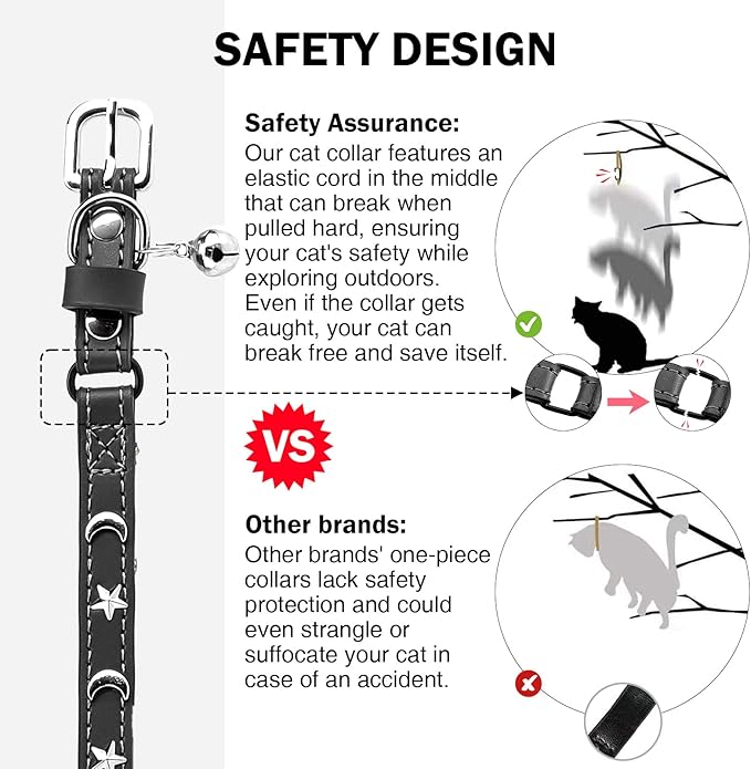 Leather Cat Collars for Boy Girl Cats with Bell and Safety Elastic Belt, Personalized Star and Moon Stud Adjustable Safe Buckle Collar for Kitty Small Big Cats Size 7-9 Inch, Black