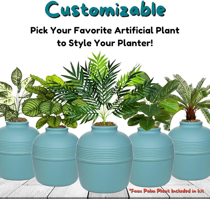 Good Pet Stuff Hidden Litter Box Planter, Decorative Cat Litter Enclosure with Carbon Filter, Artificial Plant, Easy Clean, Removable Liner, Round Style, Essentials Kit, Coastal Blue