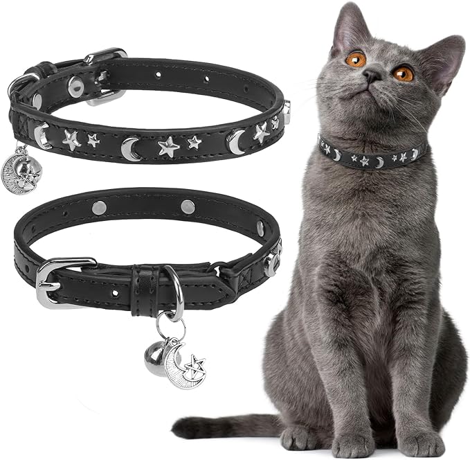 EXPAWLORER Cat Collar for Girl Boy Cats- Adjustable Leather Pet Collar with Safety Elastic Belt,Personalized Punk Accessories Buckle Collars with Bell & Durable D-Ring, Star & Moon