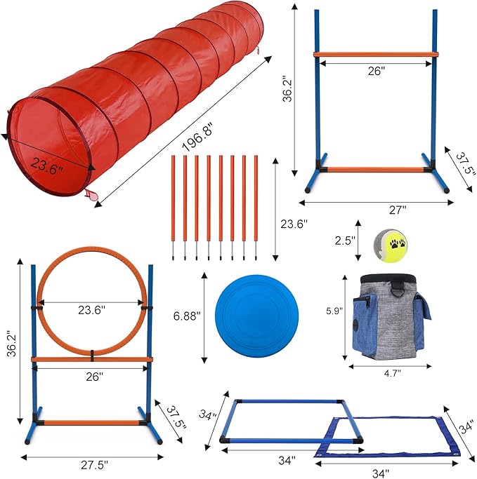 15 Piece Pets Agility Training Equipment, Obstacle Course Kit with Adjustable Dog Hoop, Dog Jump, Weave and Blind Poles, Pause Box for Outdoor Game