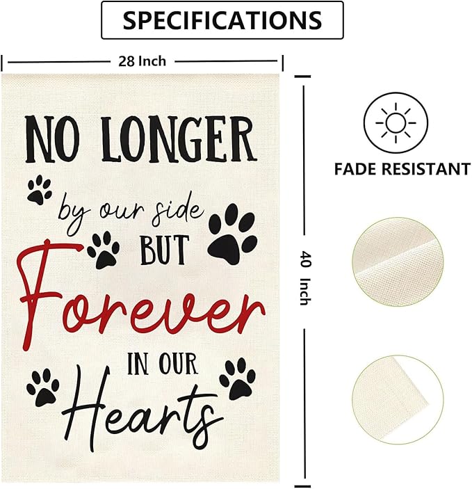 Pet Memorial House Flag No Longer By My Side Forever in Our Heart 28x40 Inch Double Sided Burlap Pawprints Lost Pet Cat Dog Bereavement Gift Outdoor Yard Decor