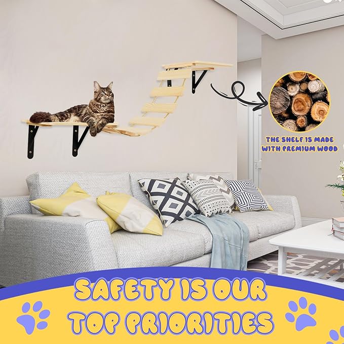 Cat Wall Shelves - Stable & Safe 5 in 1 Cat Walls Furniture Set, Wooden Kitten Climbing Wall with Bridge Ladder & Wall Steps