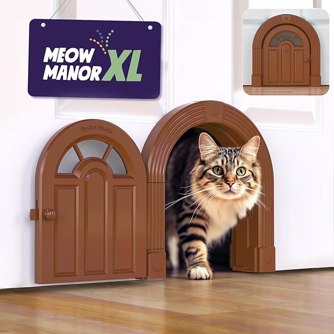 Purrfect Portal Meow Manor® XL Interior Cat Door – No-Flap Pet Door for Interior Doors, Easy DIY Installation, Cat Door for Cats up to 30 lbs, Brown