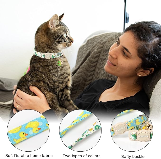 2 Pack Summer Duck Dinosaur Cat Collars Breakaway with Bell, DOGWONG Safety Buckle Duck Cat Collar for Girl Boy Cats，Adjustable 7-12 Inch