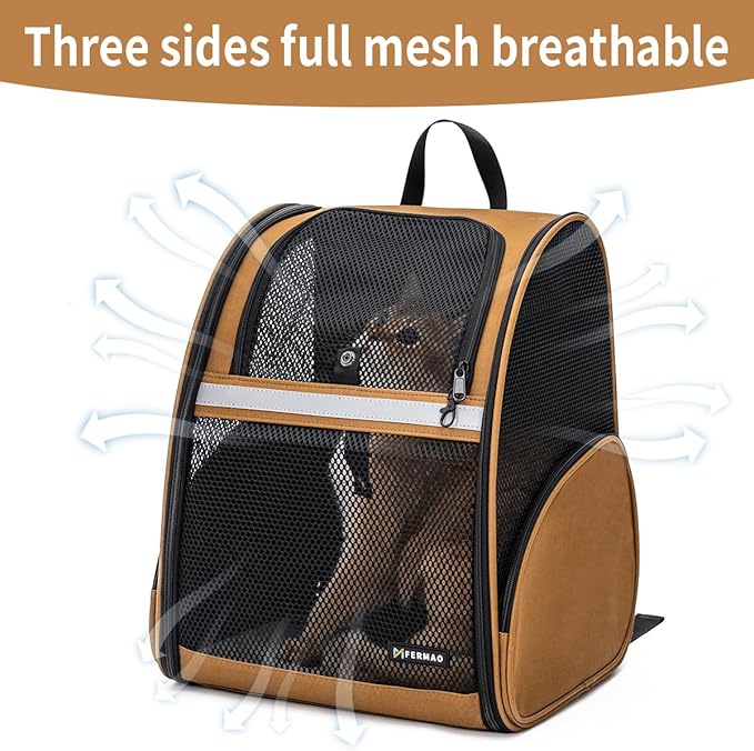 Cat Backpack Carrier for Small Dogs and Medium cat Puppy Kitten Bunny Pet Carrier Backpack Collapsible with Fully Ventilated Mesh with Safety Leash (Brown, 12.9" L x 10.62" W x 15.5" H - M)