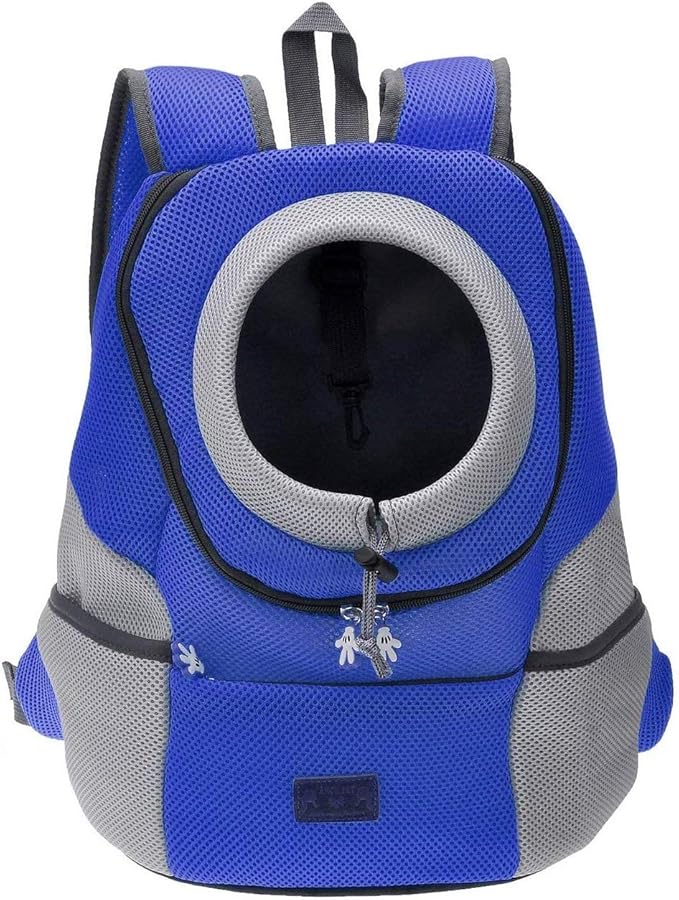 Mogoko Airline Approved Cat Dog Backpack, Puppy Pet Carrier Front Bag with Breathable Head Out Design and Double Mesh Padded Shoulder for Outdoor Travel Hiking (L, Blue)