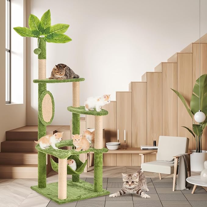 Cat Tree for Indoor Cats, 55 Inch Cat Tower with Rotating Scratching Board, 4 Sisal Posts & Leaf Top Design, Modern Cat Furniture for Multiple Cats (No House), Green
