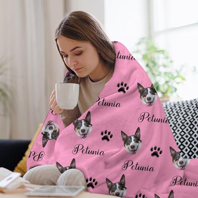 Personalized Paw Print Dog Blanket with Pet Name Face-Custom Puppy Blankets with Picture for Dogs-Customized Dog Memorial Throw Fleece Blanket-Loss of Pets Supplies Sympathy Gift for Bed Sofa Travel