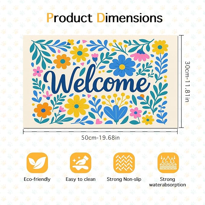 Daisy Flower Pet Food Mat 20" x 12" Welcome Sign Pet Feeding Mat Non Slip Mats for Dog Food and Water Bowls Easy Clean Fast Dry Placemat for Cat Food Mats for Indoor Trendy Pet Accessories