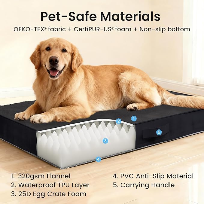OhGeni Orthopedic Waterproof Dog Bed for Large Dogs, Machine-Washable Removable Cover in Easy-Clean Fabric, High Density Foam & Easy-Carry Handle, Suitable for Crate, 41 inch (Black)