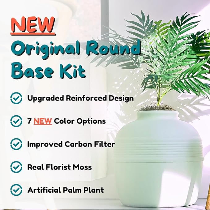 Good Pet Stuff Hidden Litter Box Planter, Decorative Cat Litter Enclosure with Carbon Filter, Artificial Plant, Easy Clean, Improved Design, Round Style, Base Kit, Sage Green