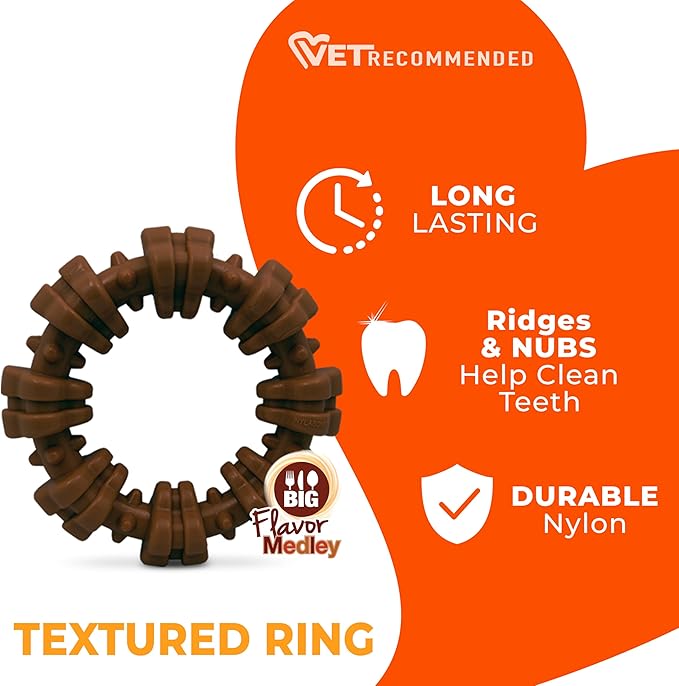 Nylabone Textured Ring Power Chew Toy for Large Dogs, Durable Dog Toys for Aggressive Chewers, Strong Dog Chew Bones To Keep Them Busy, Flavor Medley, X-Large - 50+ lbs, 1 Count