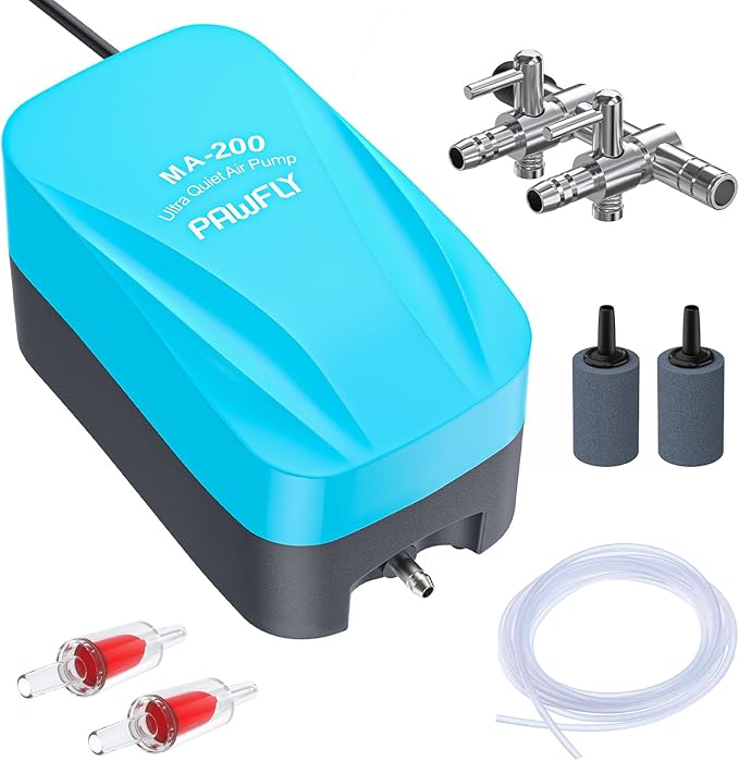 Pawfly Aquarium Air Pump 60 GPH Oxygen Pump for 20 to 60 Gallon Fish Tanks Buckets Quiet Aerator Pump Kit with Airline Tubing Control Lever Valve Air Stones and Check Valves