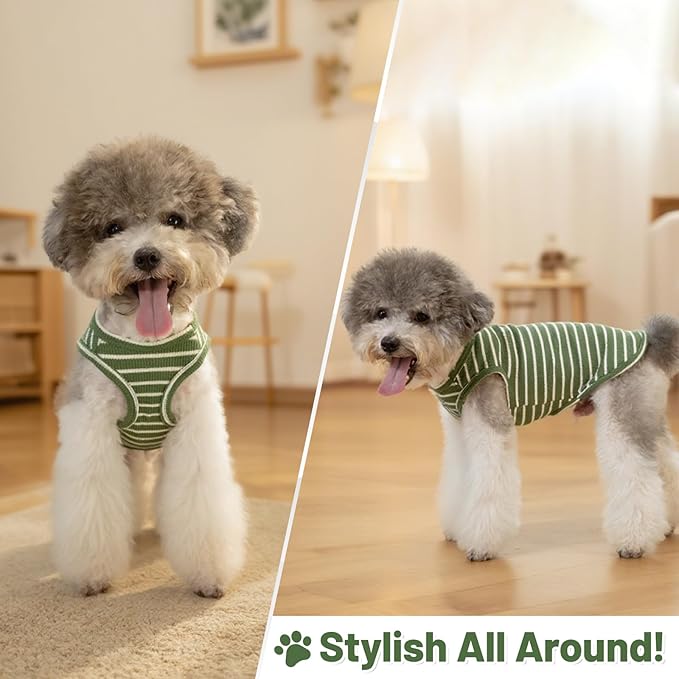Dog Clothes, Stripe Dogs Shirts for Small & Medium Breeds, Pet Tank Top, Breathable Waffle Fabric Puppy Outfit, Shirt for Chihuahua, Yorkie, Dachshund, Corgi (Green, Medium)