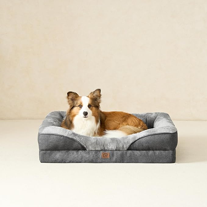 EHEYCIGA Orthopedic Dog Bed for Large Sized Dog, 36x27x7 Inch Large Memory Foam Dog Couch Bed with Sides, Waterproof Liner & Washable Removable Cover, Bolster Pet Sofa, Grey