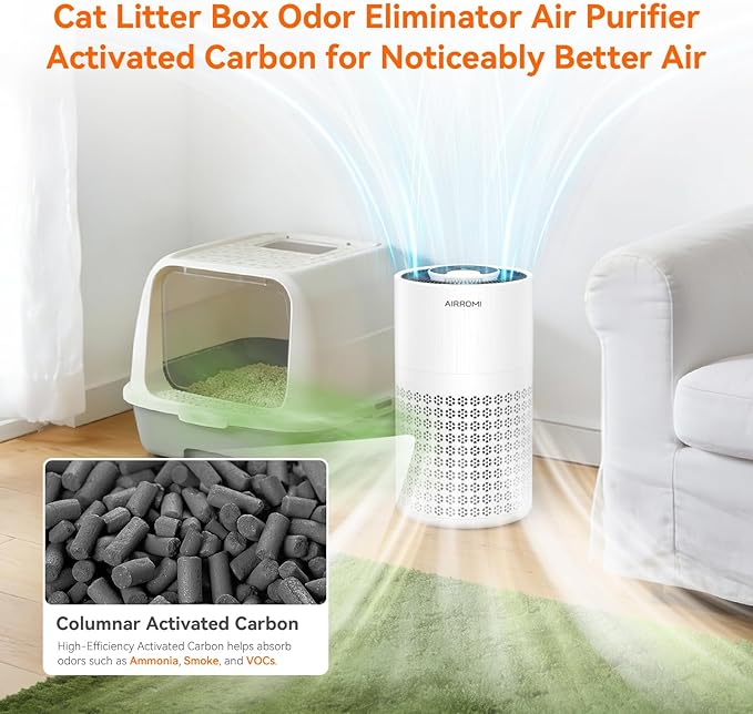 AIRROMI Air Purifier for Bedroom with HEPA 3-in-1 Filter, Pet Air Purifier for Home Cat Pee Smell, Covers Upto 990 Ft², Quiet 360° intake Air Cleaner for pet hair,allergies,Dust,Smoke A2001 White