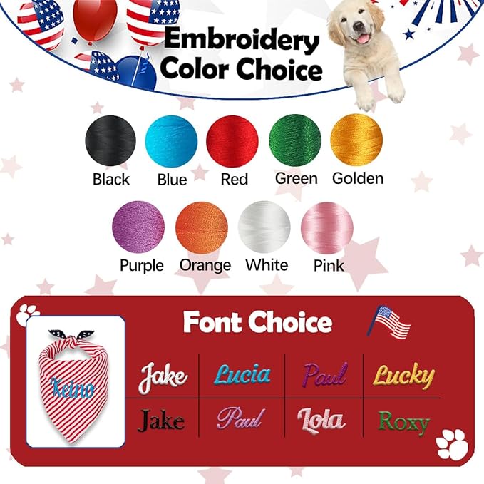 Personalized 4th of July Dog Bandana Embroidered Name Custom Neckwear Dog Scarf for Small Medium Large Dogs Cats Pets Birthday Gift