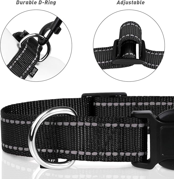 TagME Reflective Nylon Dog Collars, Adjustable Classic Pet Collar with Quick Release Buckle for Extra Large Dogs, Black, 1¼"" Width