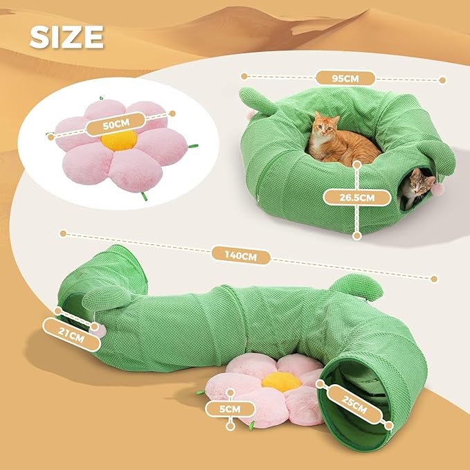 PEQULTI Cat Tunnel with Bed for Indoor Cats, Cat Play Donut Tunnel with Washable Soft Plush Flower Mat, Round Tube Toys Cute Tube for Kittens, Puppies, Rabbits and Ferrets, Green&Pink