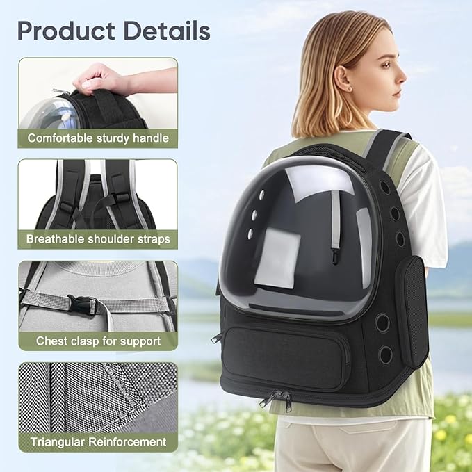 Breathable Cat Backpack Carrier, Large Space Cat Bubble Backpack for Kitty & Small Dog up to 18lbs, Foldable Cat Carrier Backpack, Transparent Airline Approved Carrier for Travel (Black)