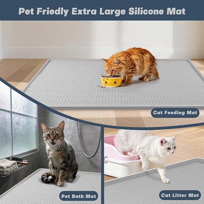 47" x 35" Silicone Cat Food Mat, Waterproof Pet Feeding Mat with Raised Edge, Extra Large Cat Bowl Mat Water Bowl Placemats for Cats, Non-Slip, Protects Floors, Easy to Clean (Light Gray)