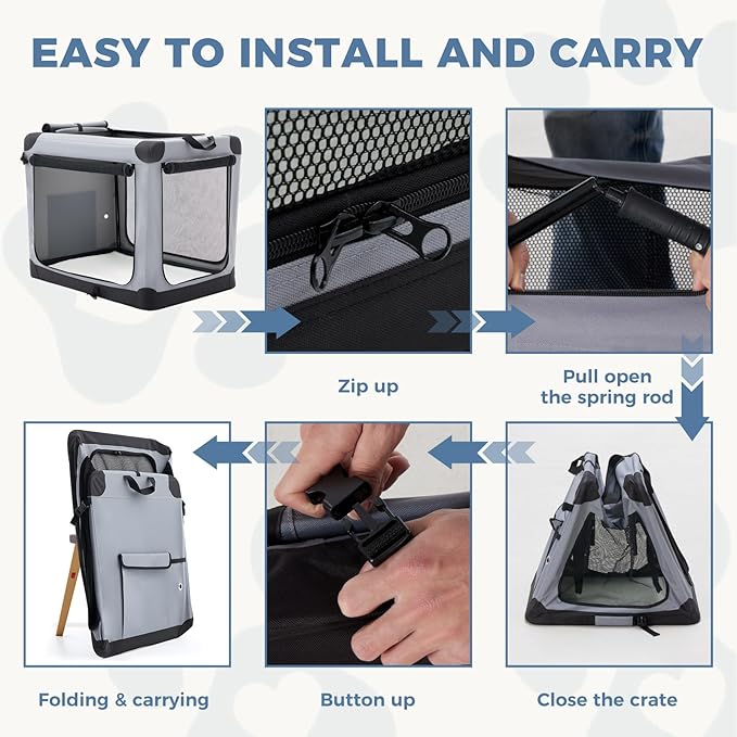 DUMOS Dog Crate 36 Inch Travel Cat Pet Carrier for Medium Large Dog, Portable Foldable Soft Pet Crate with Storage Bag & Washable Pad for Indoor Outdoor Dog Kennel Carrier (L-70lbs, Grey)