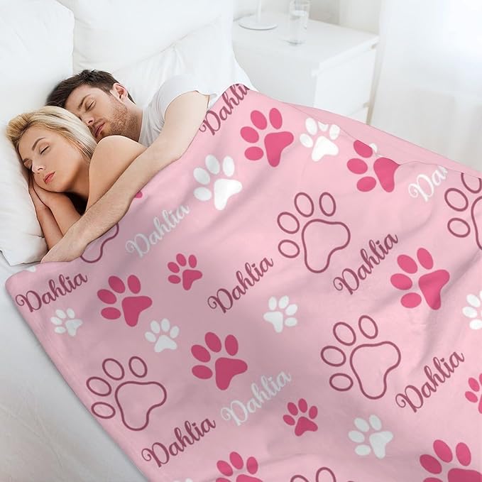 Personalized Paw Print Dog Blanket with Pet Name Face-Custom Puppy Blankets with Picture for Dogs-Customized Dog Memorial Throw Fleece Blanket-Loss of Pets Supplies Sympathy Gift for Bed Sofa Travel