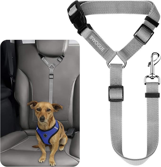 BWOGUE Pet Dog Cat Seat Belts, Car Headrest Restraint Adjustable Safety Leads Vehicle Seatbelt Harness (1 Pack, Grey, Not Elastic)