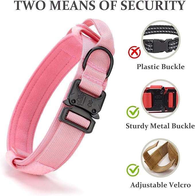 Tactical Dog Collar, Adjustable Military Training Nylon Dog Collar with Control Handle and Heavy Quick-Release Metal Buckle for Small Medium Large Dogs, Light Pink L