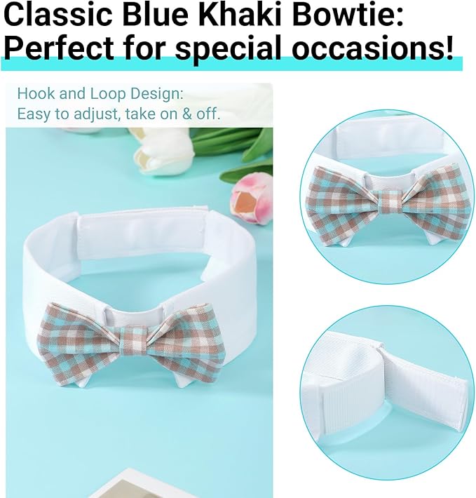 Segarty Dog Bow Tie for Neck Girth 12.6-15.7in, Adjustable Dogs Blue Khaki Plaid Plaid Bowtie Collar, Pet Neck Tie Tuxedo Comfortable Cotton Grooming Accessories for Formal Wedding Birthday Party