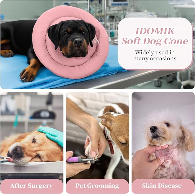 IDOMIK Dog Recovery Collar, Waterproof Soft Dog Cone After Surgery, Comfy Protective Elizabethan Collar Alternative for Dogs Cats, Adjustable Pet Neck Donut Cone Anti-Licking Biting Wounds,Pink,S