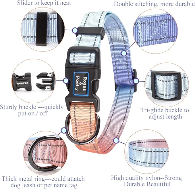 Roses&Poetry Reflective Dog Collar with Gradient Azure, Adjustable Durable Pet Collars for Small Medium Large Dogs (Azure-M)
