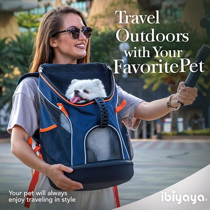 ibiyaya - Airline Approved Pet Carrier for Small to Medium Dogs and Cats - Dog Backpack Carrier, Breathable Mesh Material with Magnetic Buttons, Side Pockets, and Auto-Lock Zipper - Navy Blue