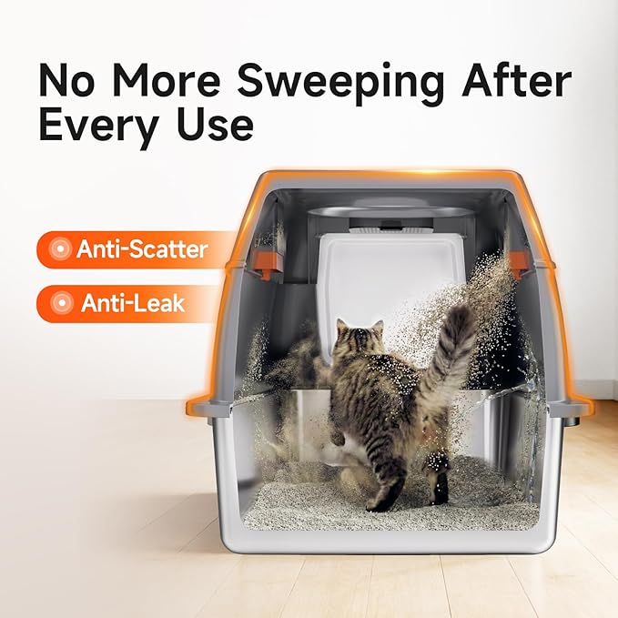 Extra Large Stainless Steel Litter Box with Lid, High Sided Enclosed Metal Cat Litter Pan, Dog Proof Front Entry Top Exit, Odor Control Easy Clean Leak Proof, Includes Mat, Scoop & Step, Grey