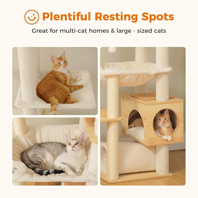 PETEPELA Floor to Ceiling Cat Tree,93.3''-100.8'' Height Adjustable Wooden Cat Tower, Tall Modern Climbing Tree with Large Hammock, Soft Perch and Scratching Post for Indoor Cats Large Adult, Beige